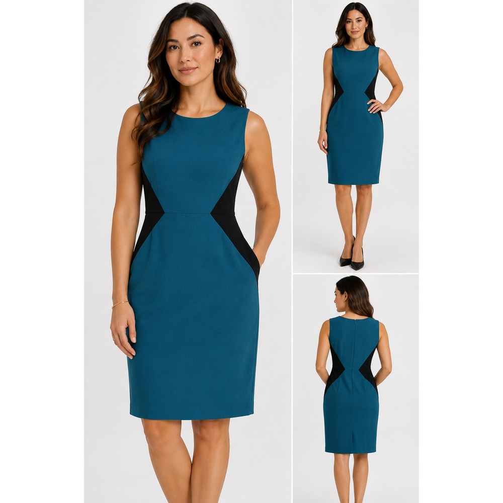 Calvin Klein Dress Size 14  Teal Blue Black Colorblock Sleeveless Sheath
